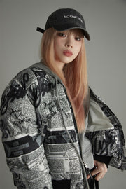 Newspaper Collage Padded Crop Jacket