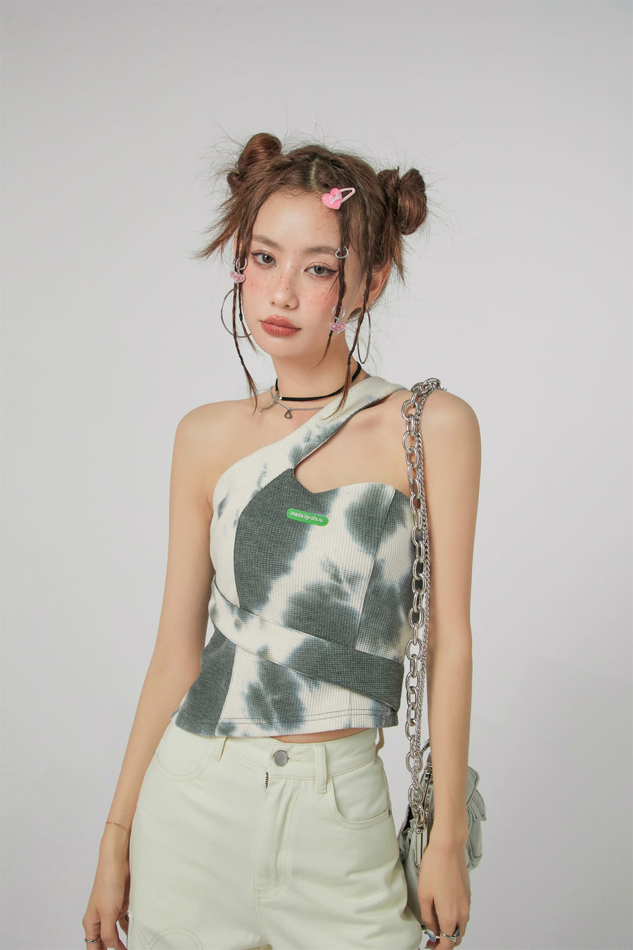 CHUU Tie-Dye Cross Strap Off-Shoulder Top