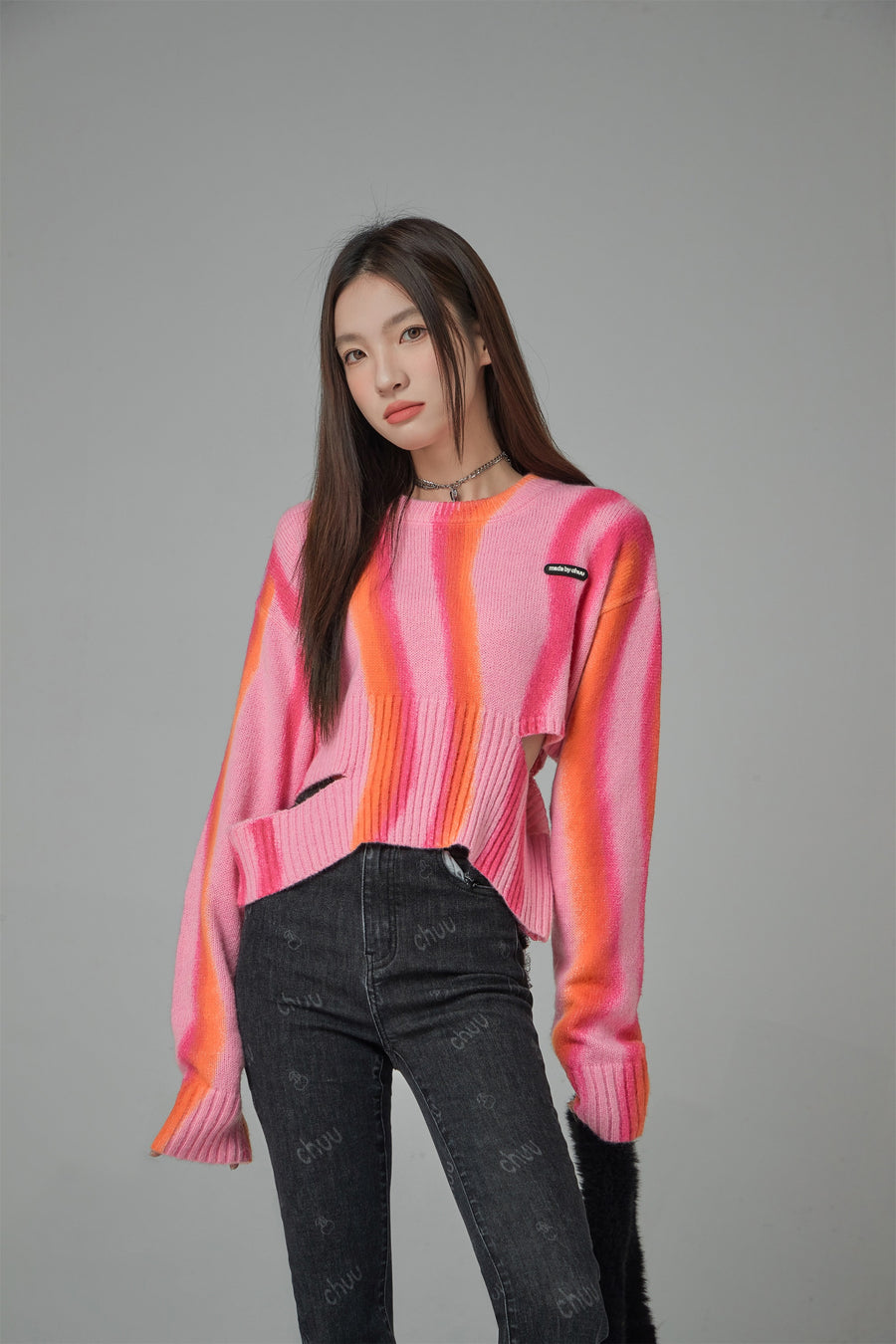 CHUU Groovy Feelings Printed Ribbed Knit Sweater