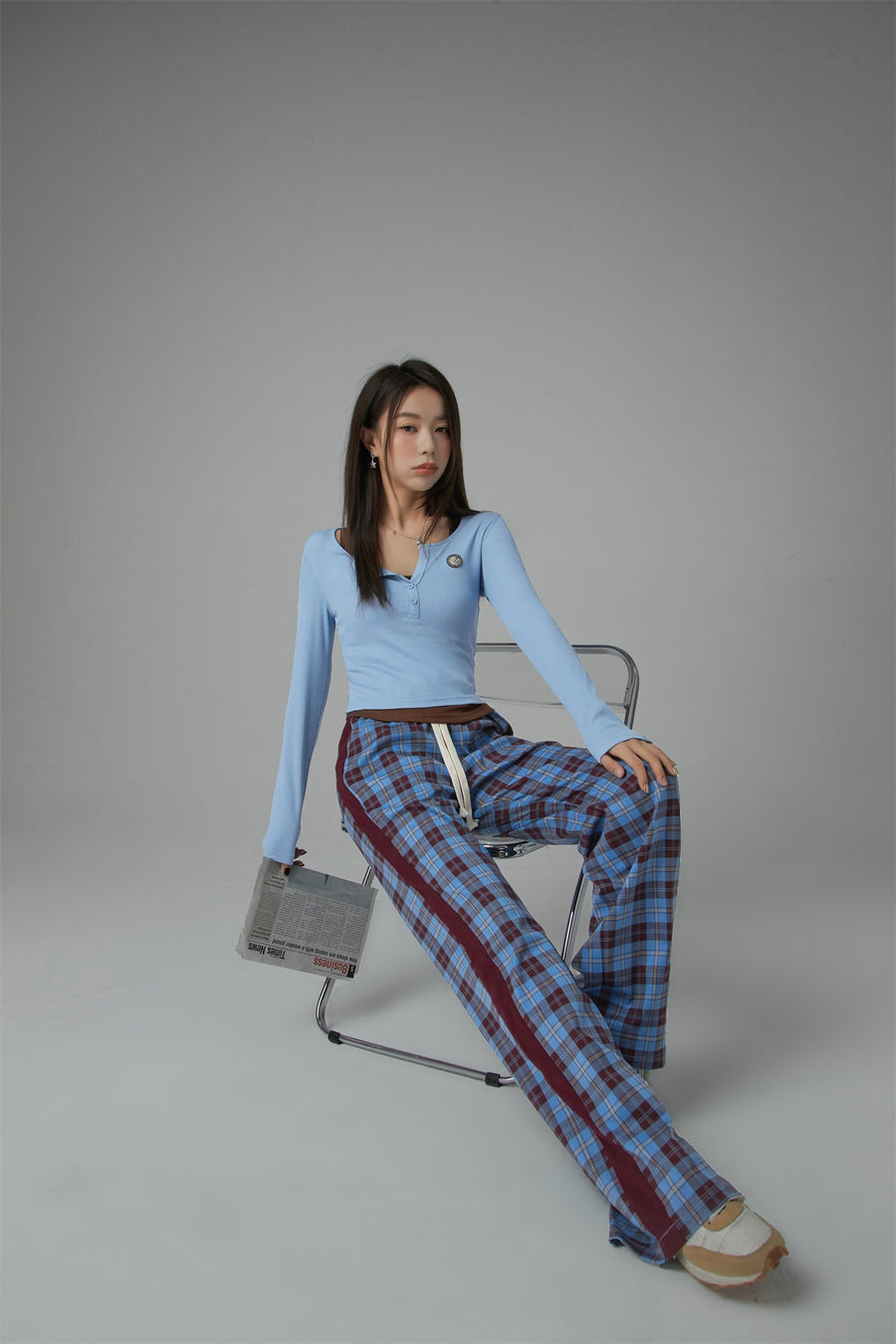 CHUU Check String Wide Casual Pants