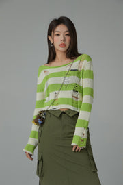 Distressed Stripe Crop Knit Top