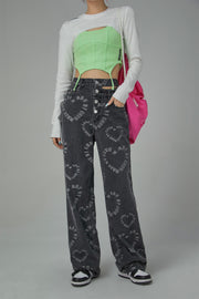 Waist Cutout Heart Print Wide Jeans