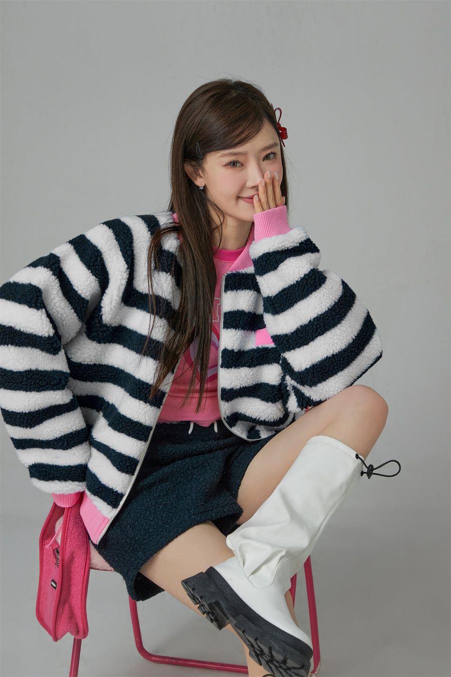 CHUU I Am The One Striped Loose-Fit Fleece Jacket