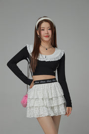 Eyelet Lace Collar Long-Sleeved Crop Top