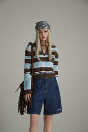 Open Collar Stripe Color Knit Sweater