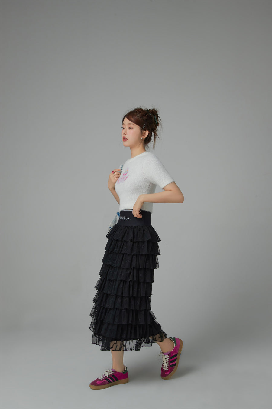 CHUU Stars Chiffon Frill Maxi Skirt