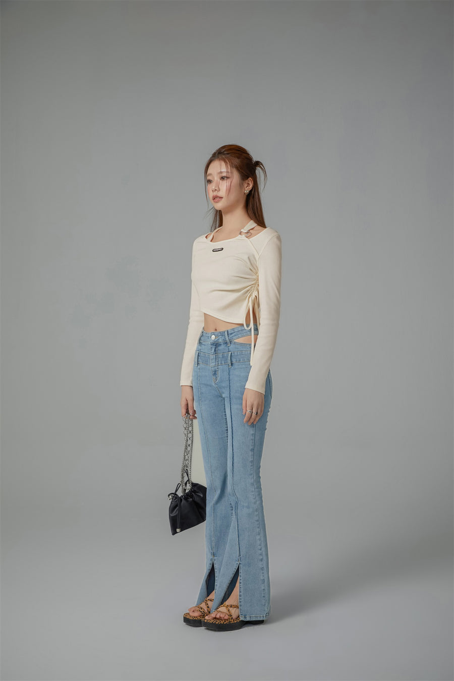 CHUU Unbalanced String Cropped T-Shirt