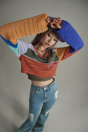 V-Neck Hole Knitted Color Knit Sweater