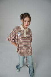 Rainbow Stripes Loose Fit Polo T-Shirt