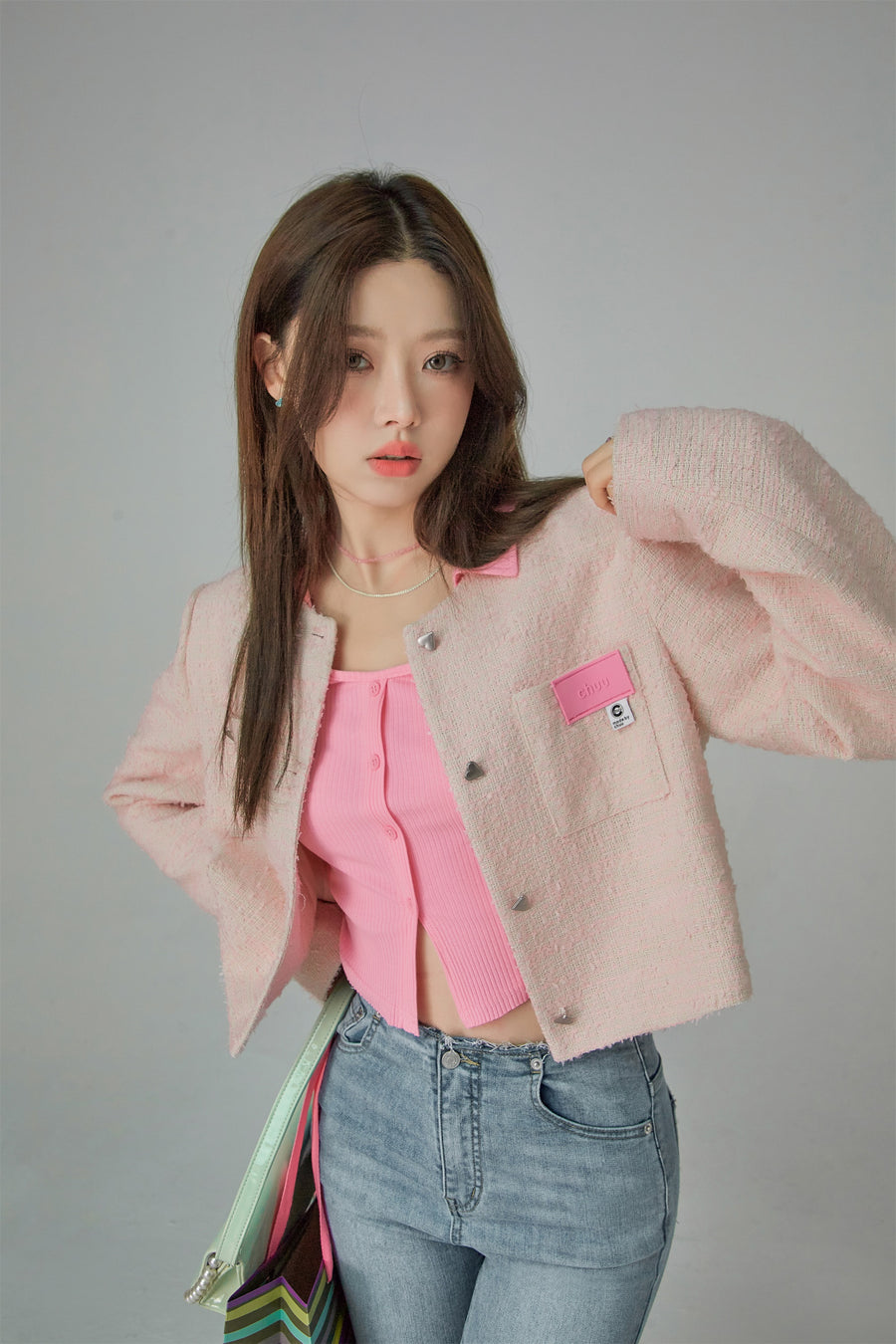 CHUU Square Shoulder Crop Tweed Jacket