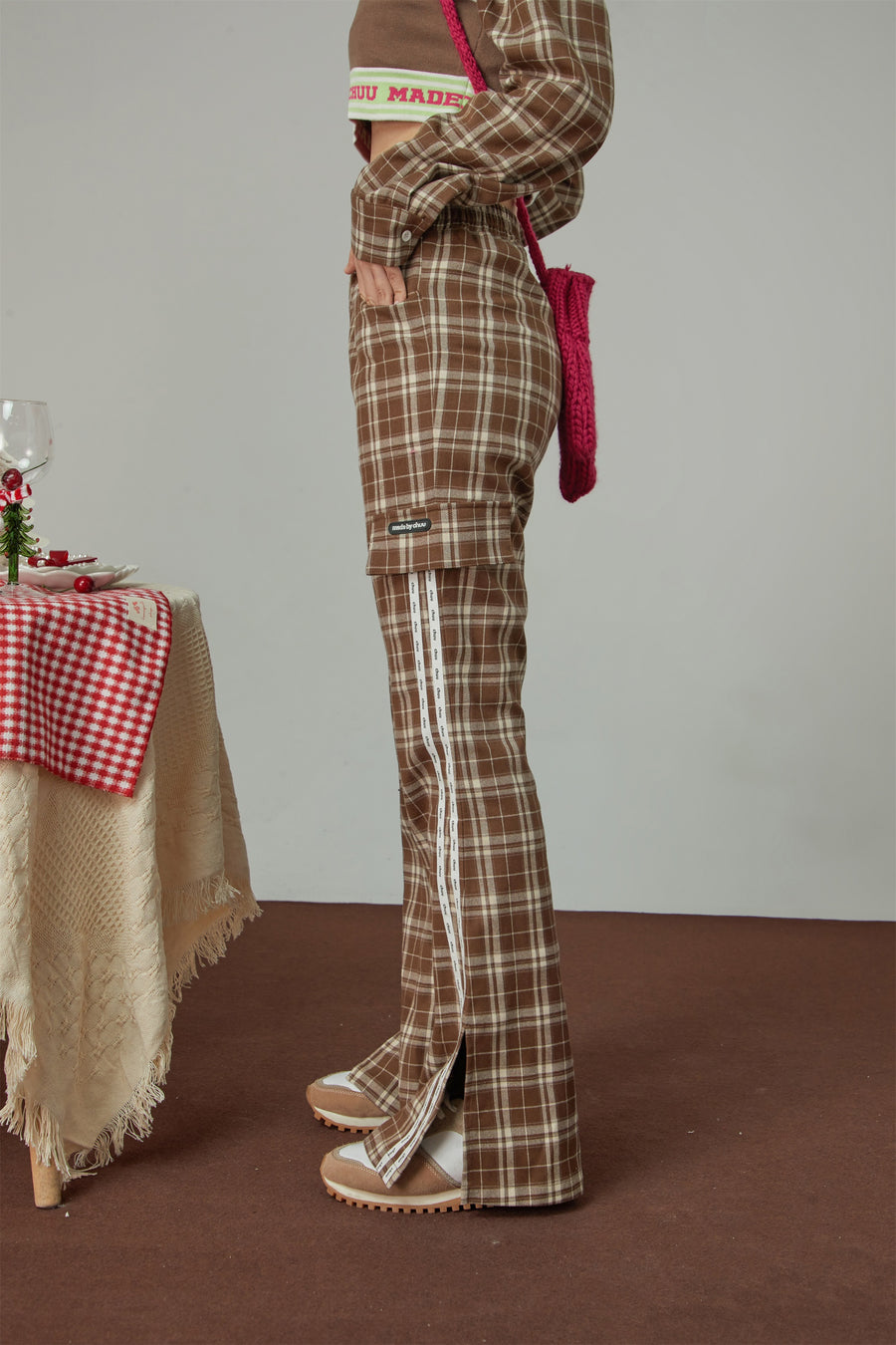 CHUU Infinite Check Slit Bootcut Pants