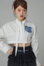 Heart Denim Pocket White Crop Shirt