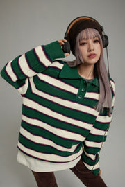 Polo Neck Stripe Knit Top