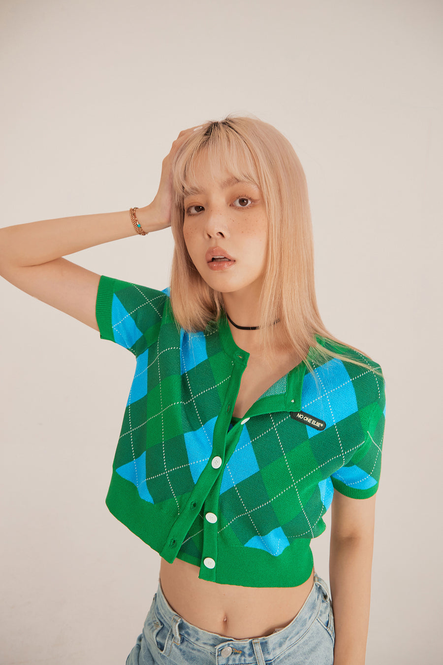 CHUU Argyle Short-Sleeved Crop Cardigan