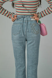 Waist Wrap Checkered Bootcut Jeans