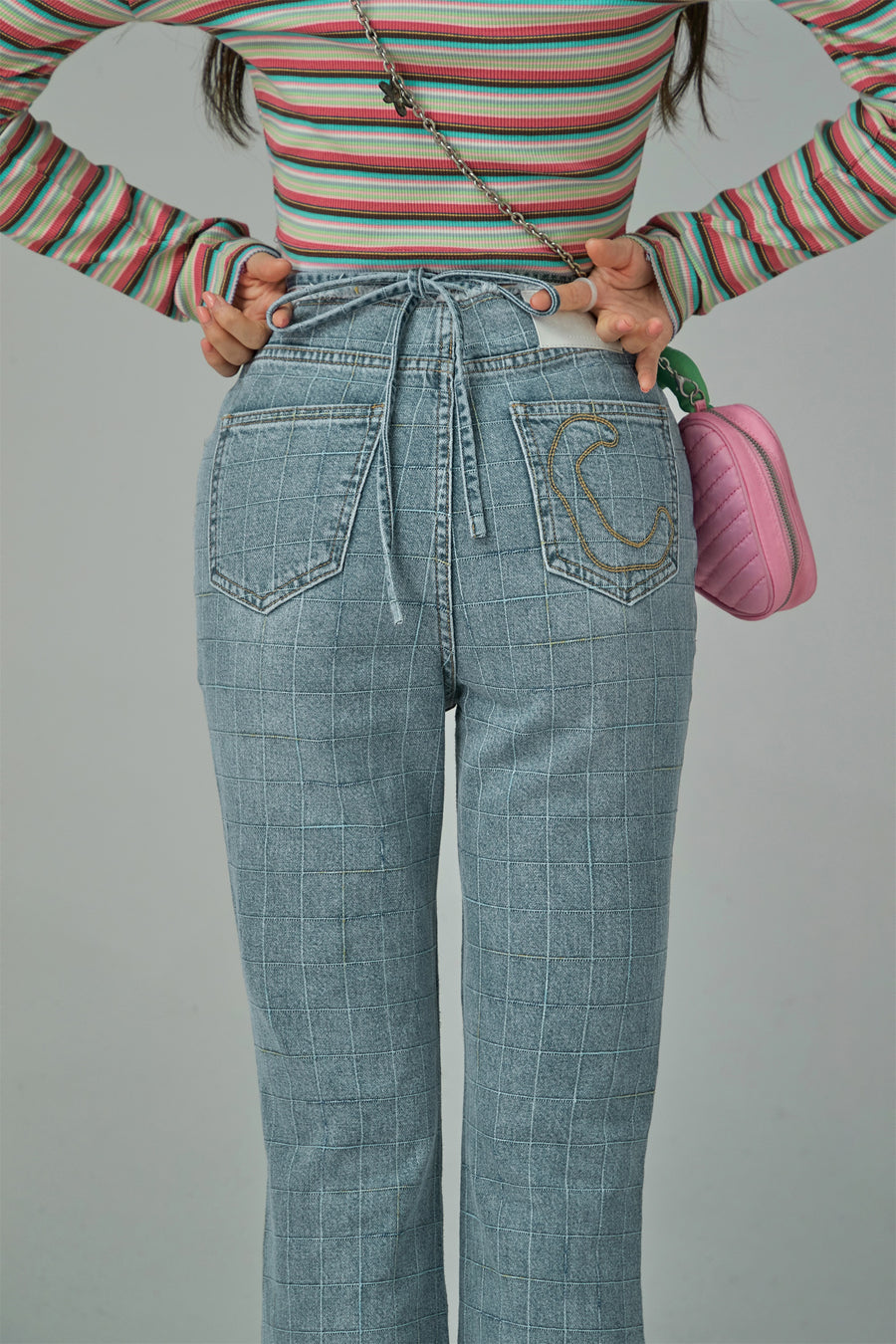 CHUU Waist Wrap Checkered Bootcut Jeans