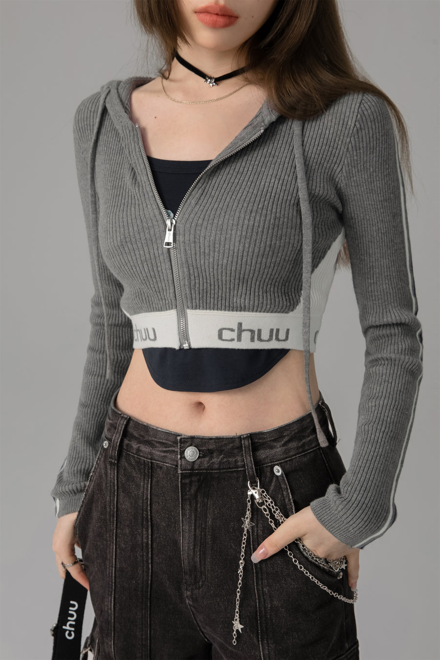 CHUU Knit Hooded Crop Zip-Up Cardigan