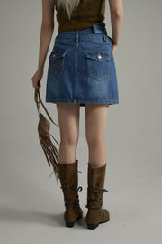 Double Belted Mini Denim Skirt