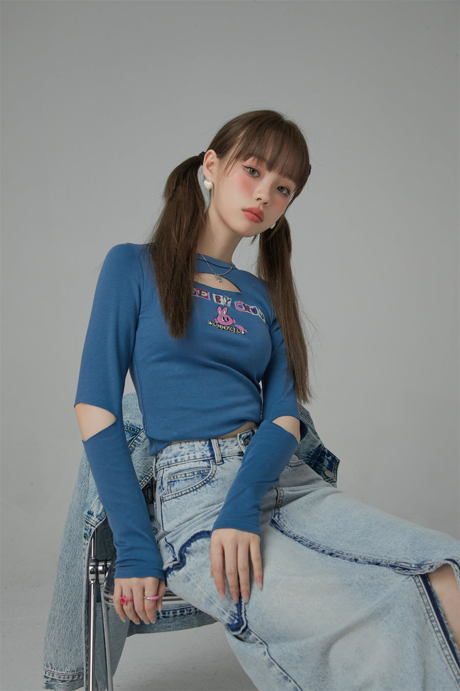 CHUU Bunny Club Elbow Chest Cutout Long-Sleeves Top