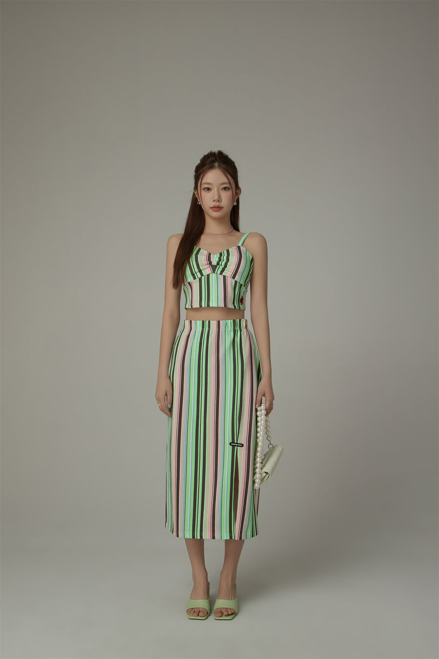 CHUU Rainbow Stripes Contrast Long Skirt