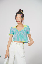 Cherry Color Cropped Knit T-Shirt