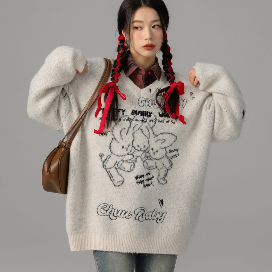 CHUU Fluffy Bunny World Oversized Knit Sweater