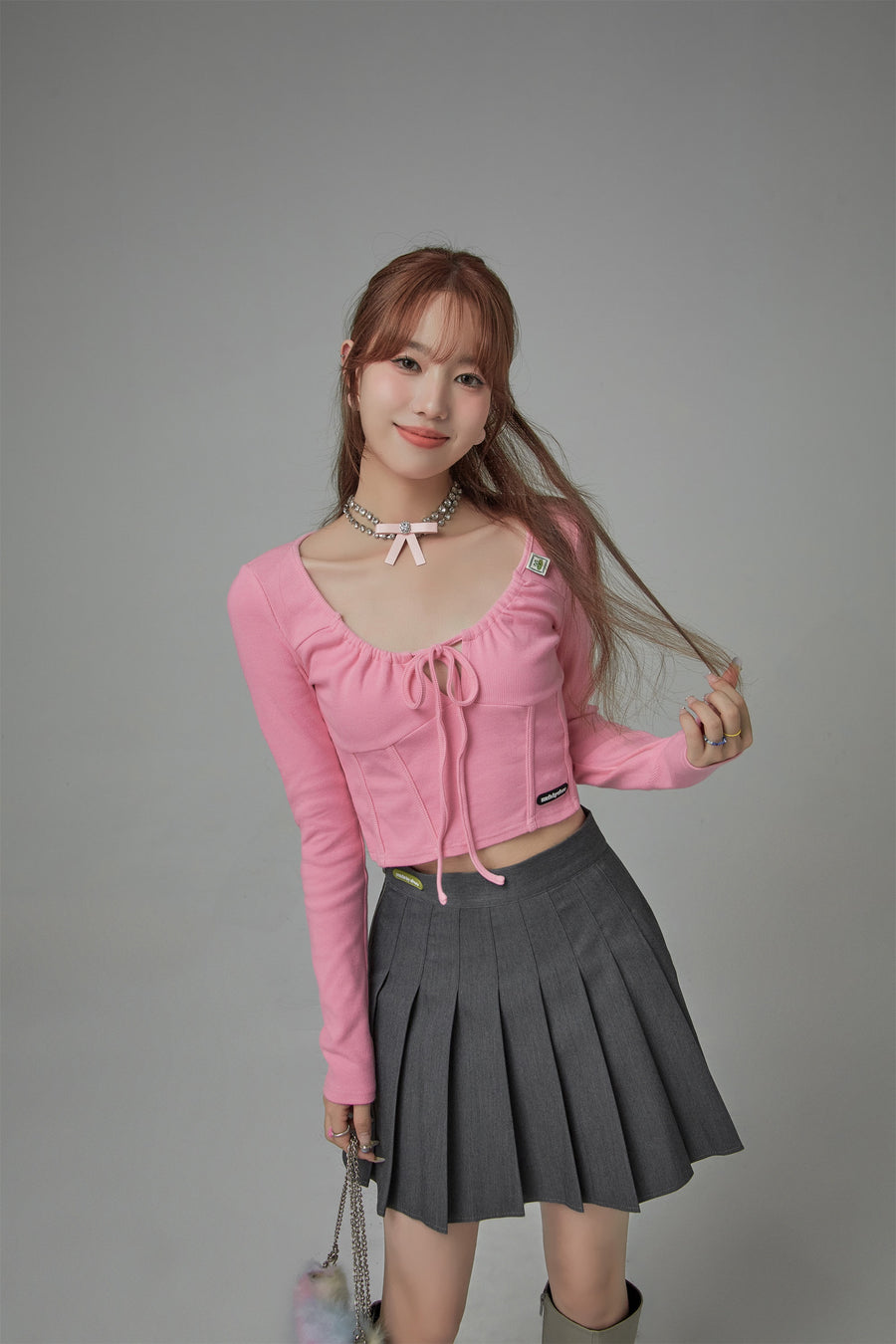 CHUU Deep Tied Round Neck Long Sleeves Top