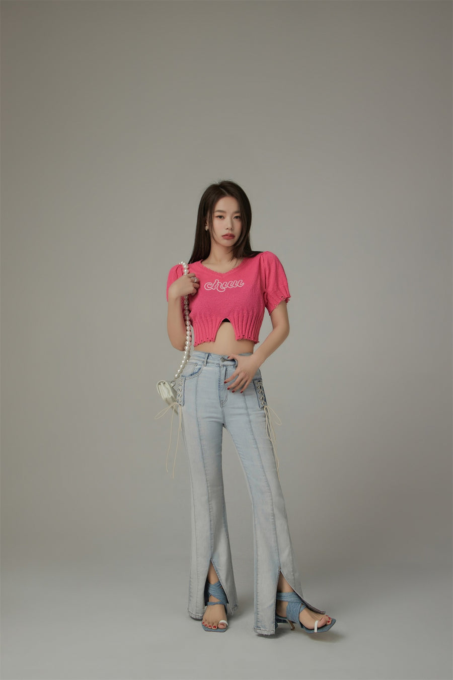 CHUU Lace Up Pocket Slit Bootcut Light Wash Denim Jeans