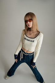 Round Neck Lettering Long Sleeve Crop Knit Top