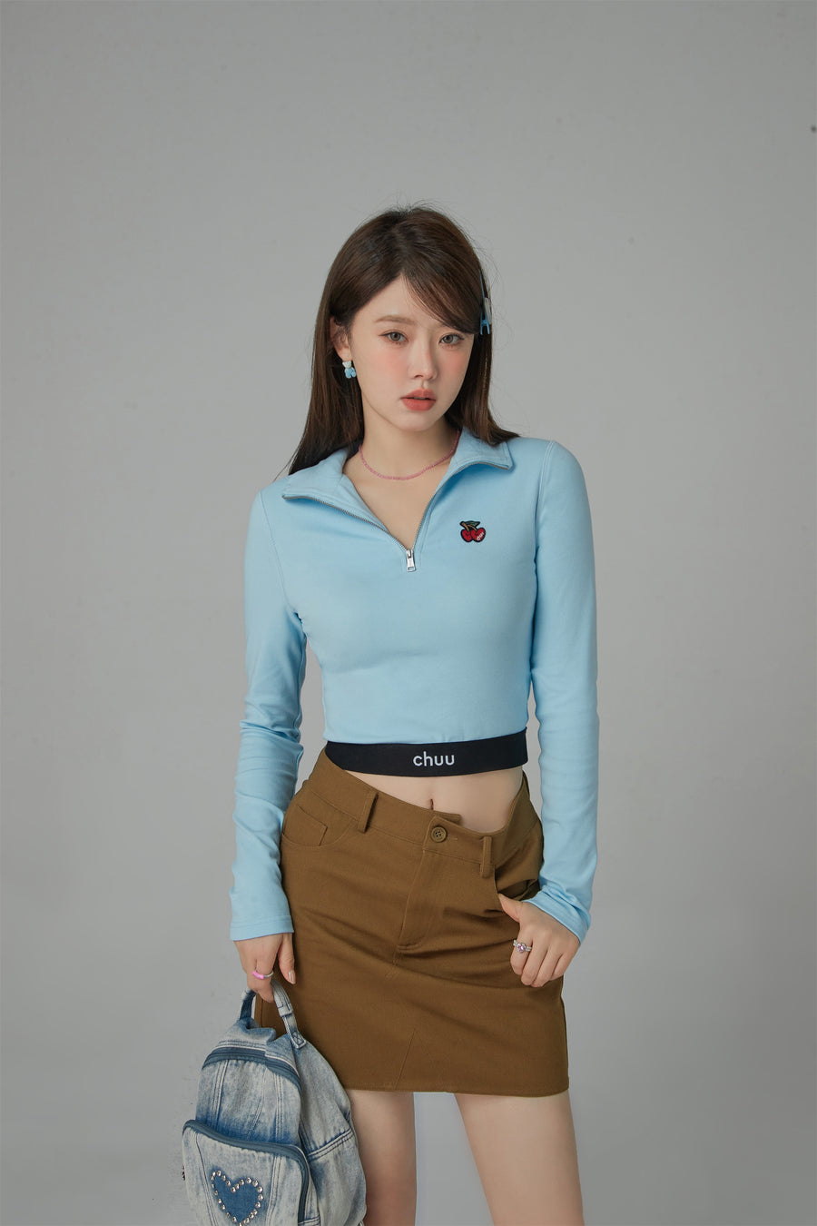 CHUU Love Zone Cherry Half-Zip Cropped T-Shirt