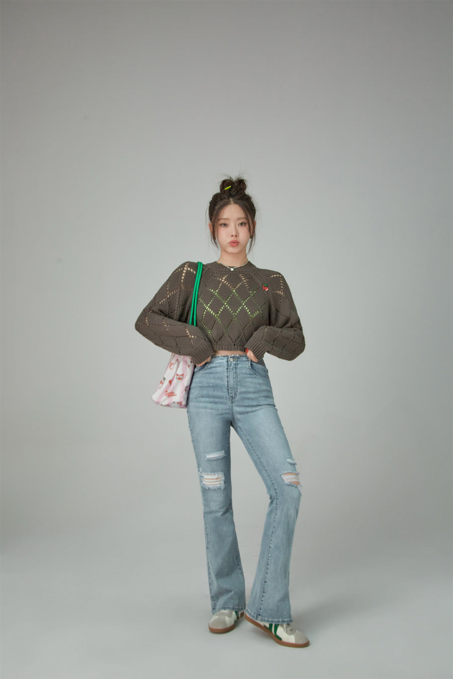 CHUU Cherry Eyelet Knit Crop Top