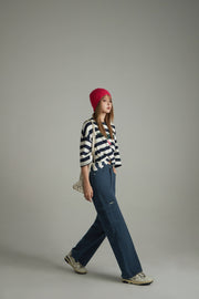 Striped Front Twist Oversize Crop T-Shirt