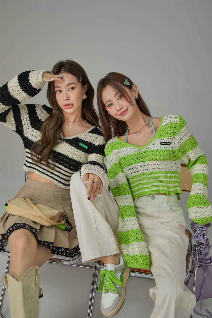 CHUU Striped V-Neck Knit Crop Sweater