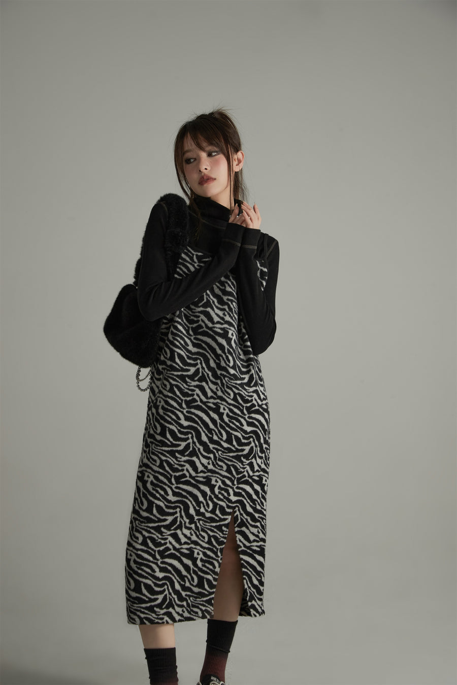 CHUU Faux Angora Zebra Cami Dress