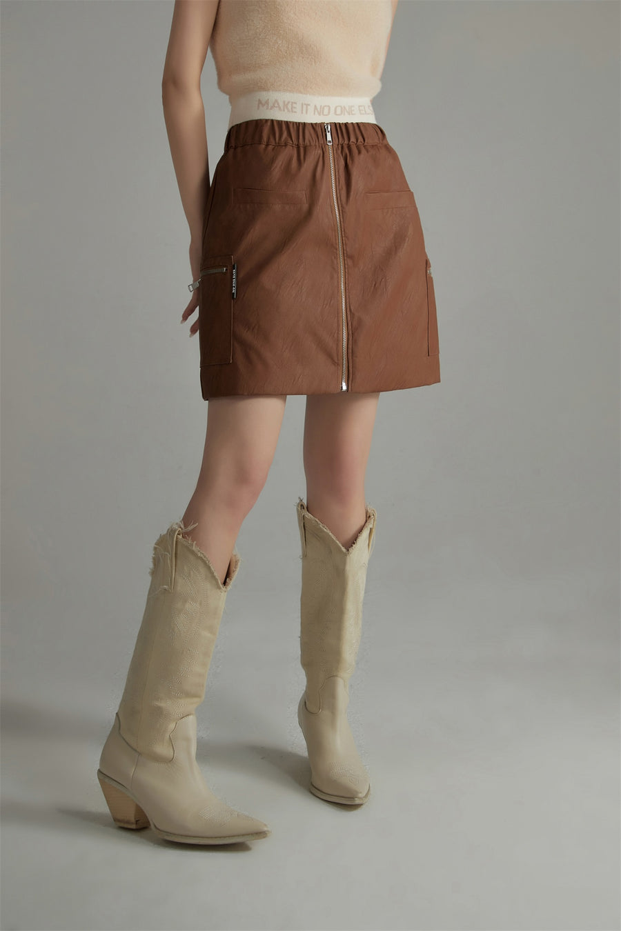 CHUU Zip-Up Leather A-Line Skirt