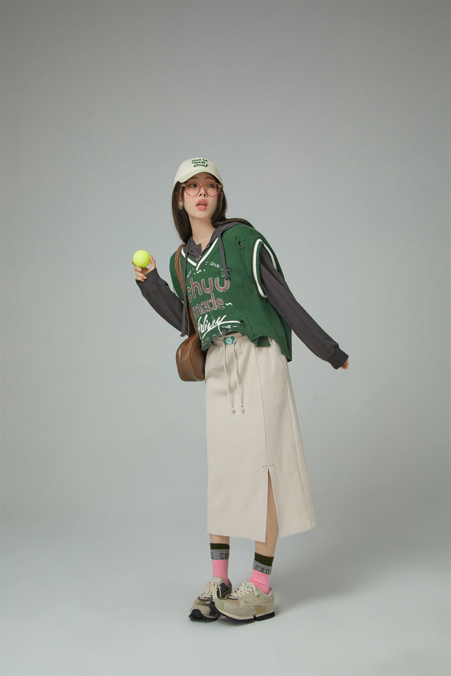 CHUU Waist Strings Casual Sport Midi Skirt