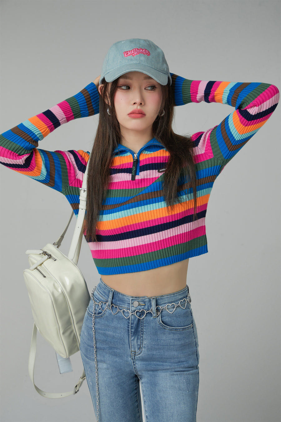 CHUU A Dose Of Happiness Rainbow Stripe Knit Top