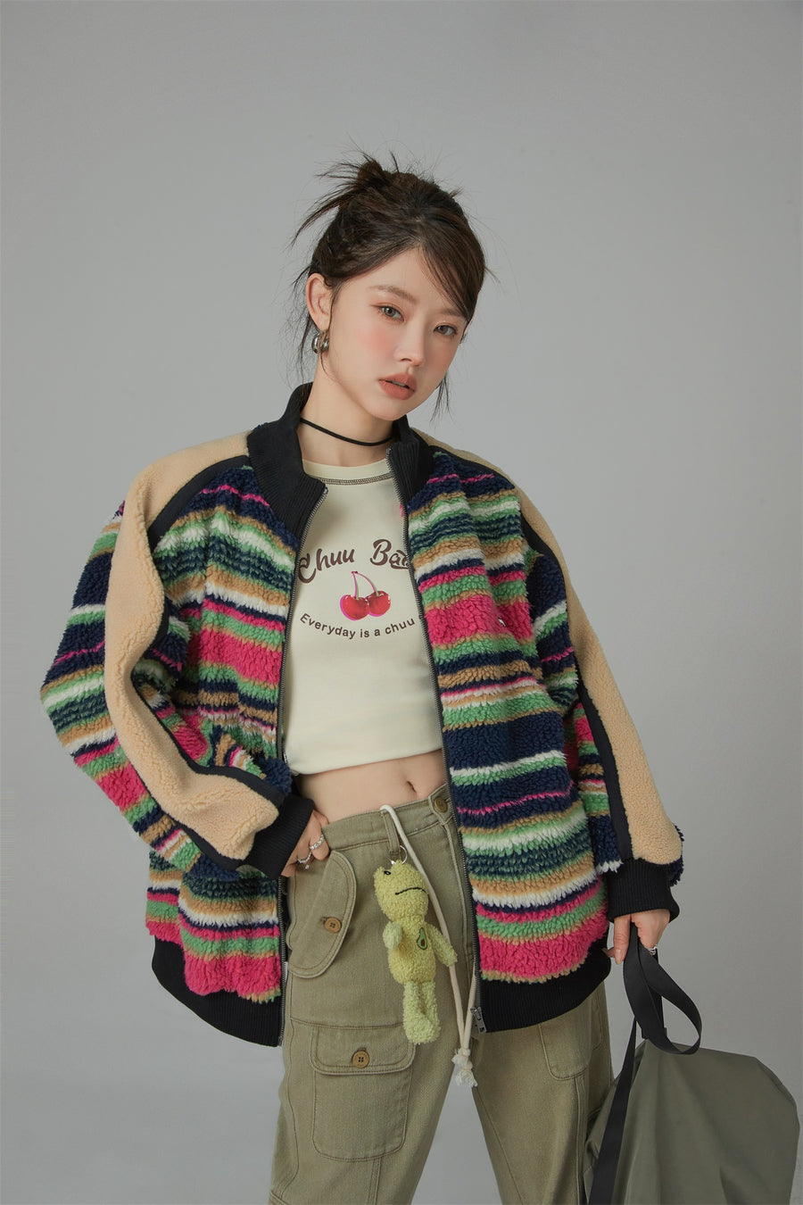 CHUU I See The Light Striped Fleece Overfit Jacket