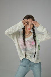 V-Neck See-Through Crochet Sweater