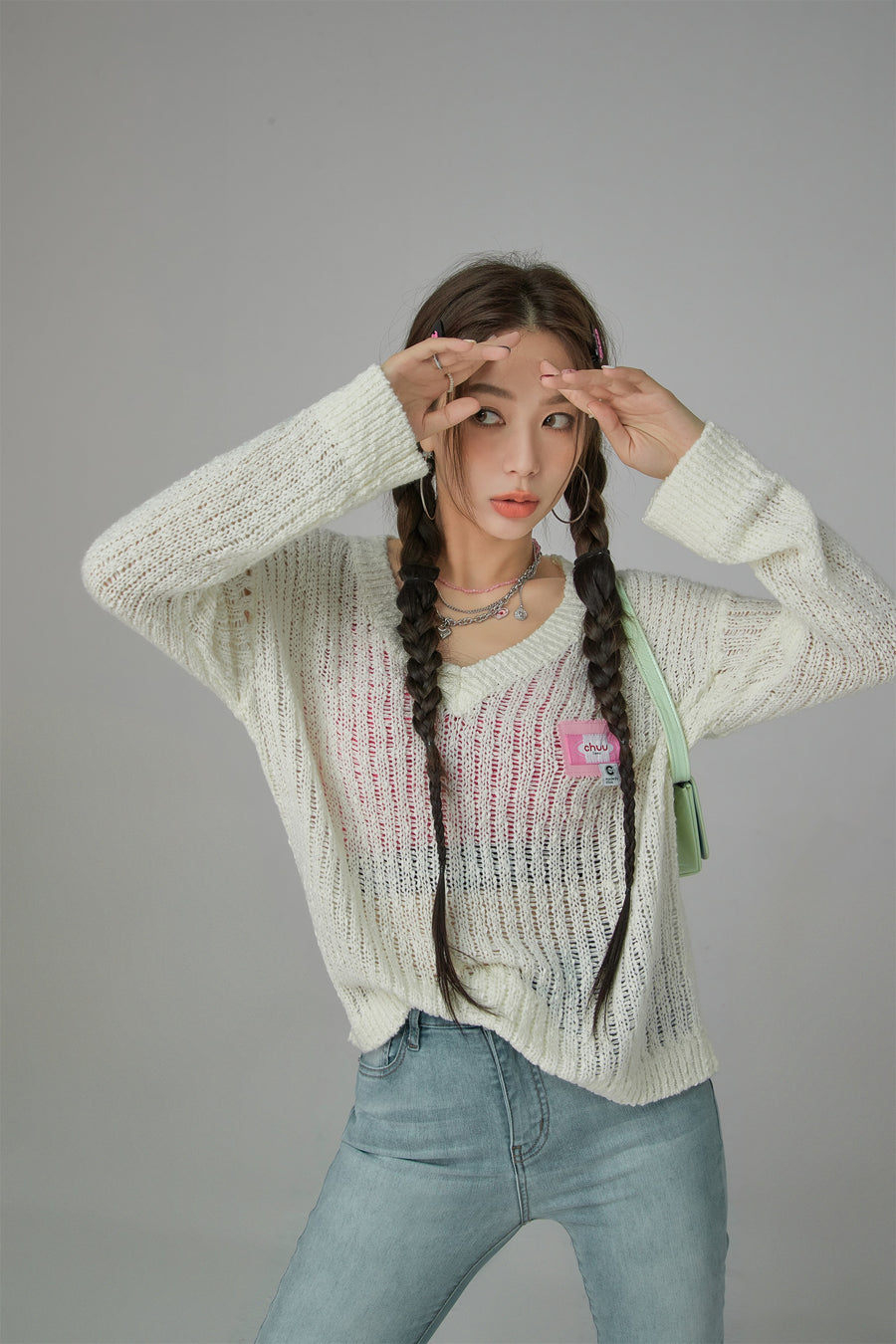 CHUU V-Neck See-Through Crochet Sweater