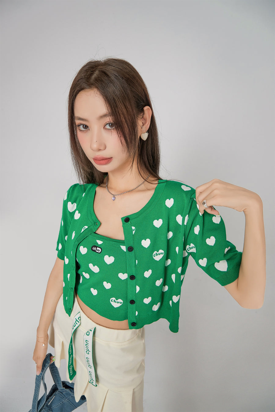 CHUU Heart Short Sleeve Knit Cardigan