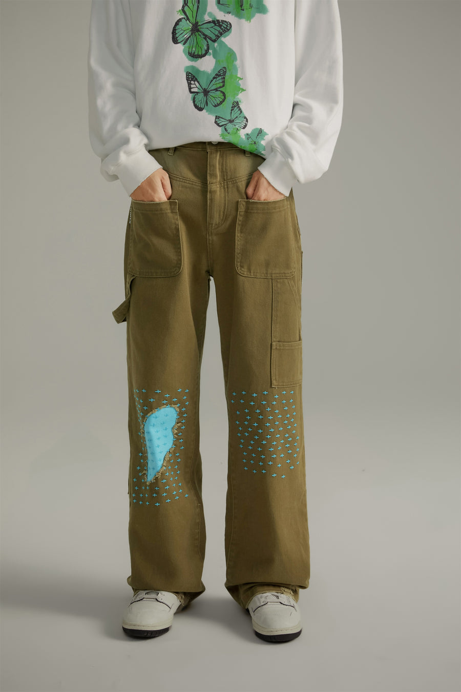 CHUU Blue Stitches Khaki Straight Pants