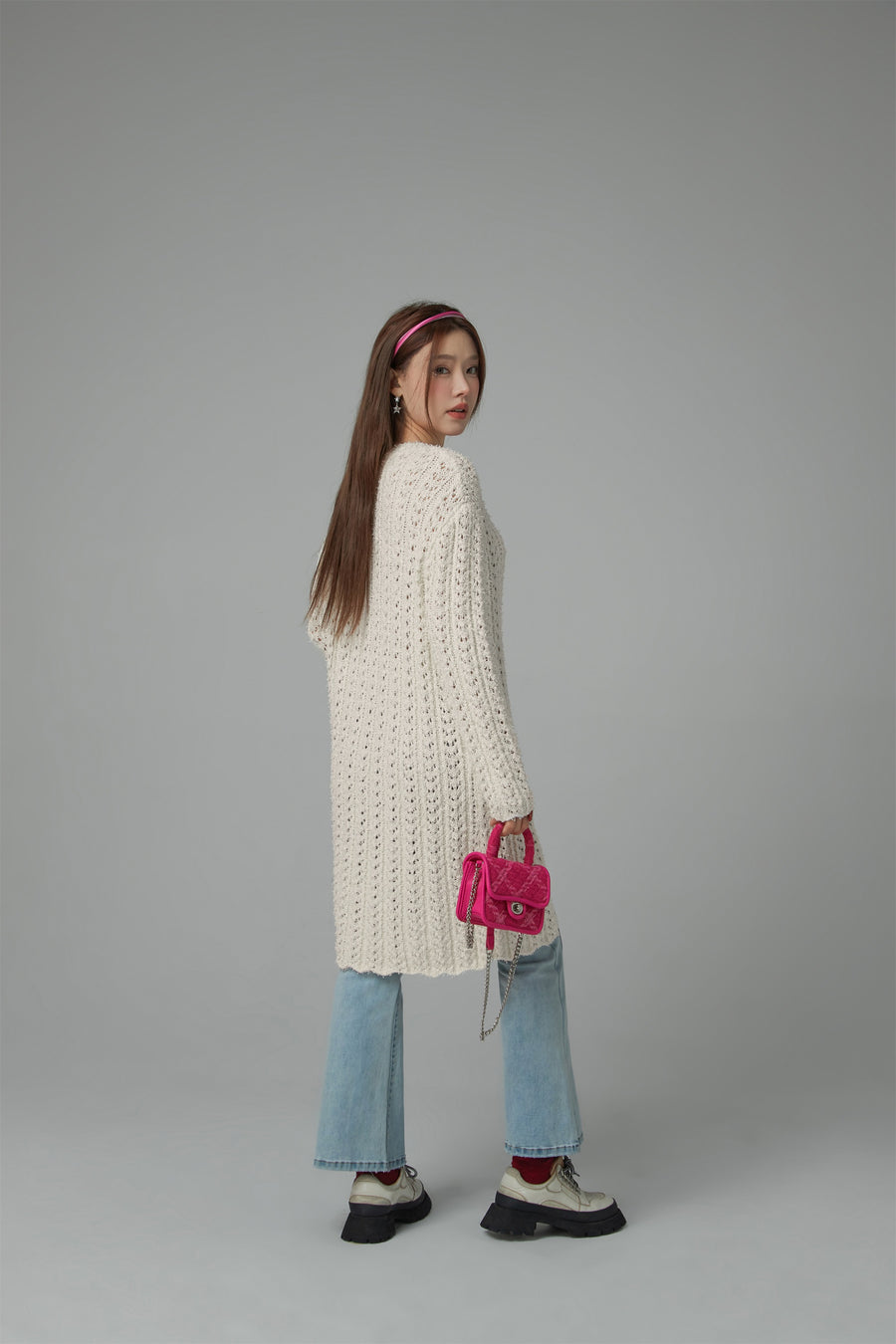 CHUU Crochet Side Slit Knit Long Sweater Dress