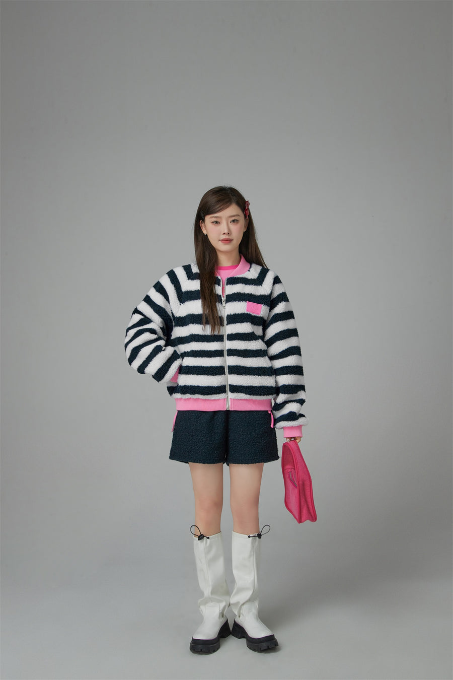 CHUU I Am The One Striped Loose-Fit Fleece Jacket