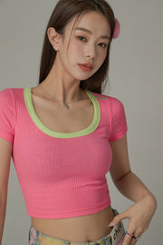 Basic U-Neck Color Matching Back Slit Slim T-Shirt