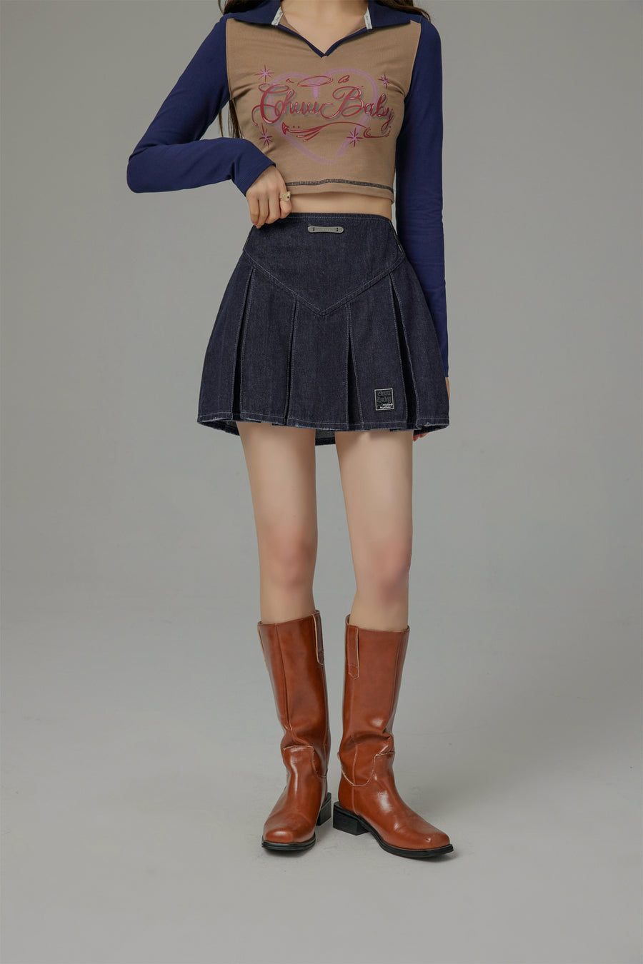 CHUU Paradise Island Washed Denim Pleated Skirt