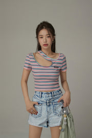 Color Stripe Cut Out T-Shirt