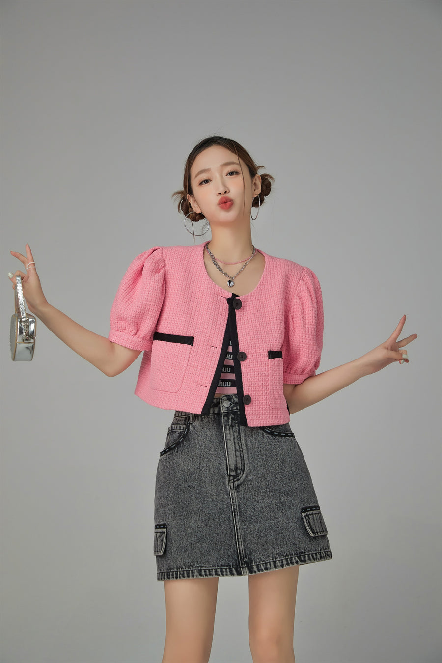 CHUU Puff Sleeve Coco Tweet Crop Jacket