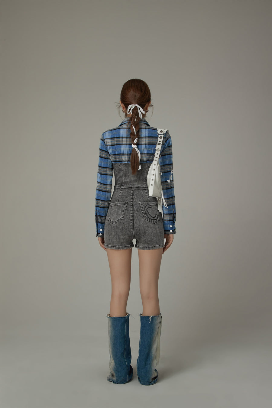 CHUU Butterfly Check Shirt Short Romper