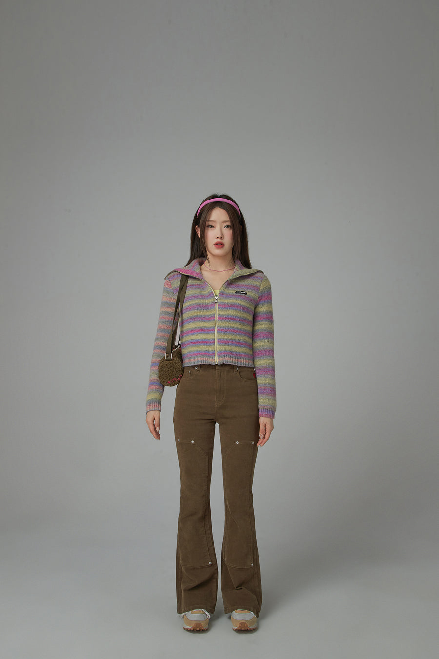 CHUU Rainbow Striped Zip-Up Knit Cardigan